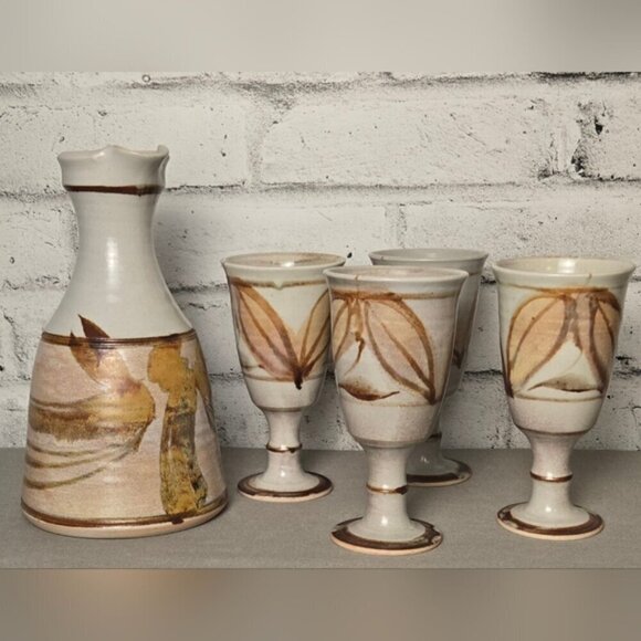 Signed Robin Hopper Studio Pottery Wine Set Canadian Ceramic Decanter + Goblet - Picture 2 of 15